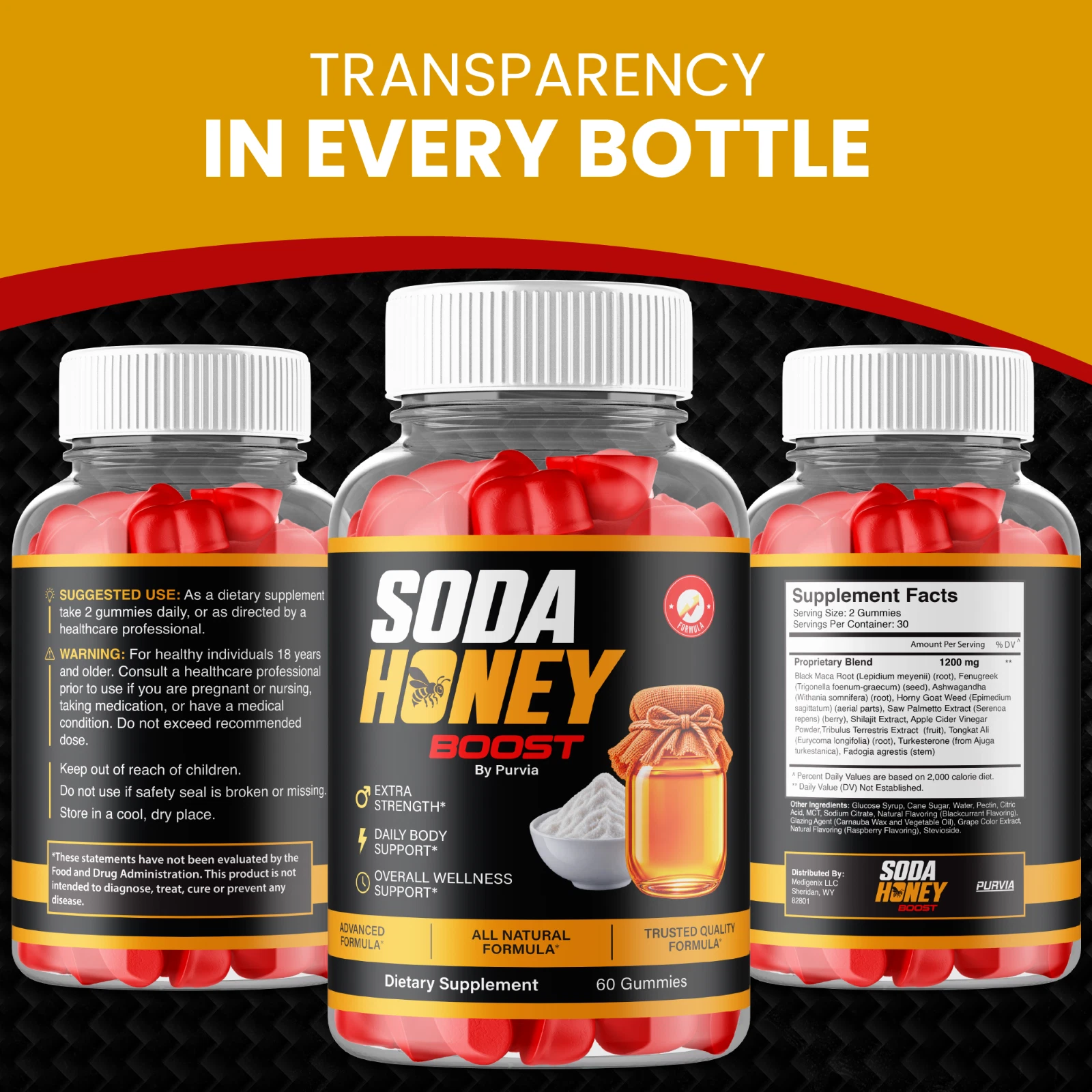 Soda Honey Boost Gummies label showing suggested use, warnings and supplement facts