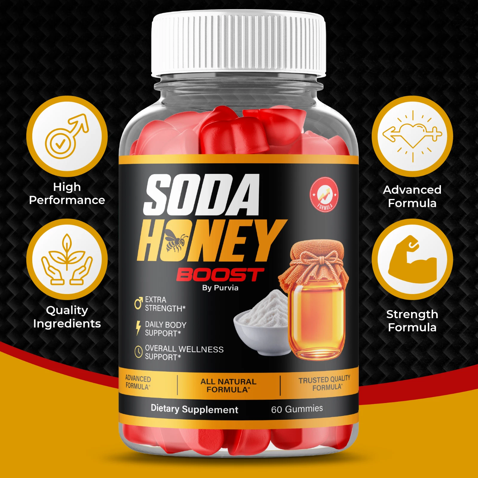 Soda Honey Boost Gummies bottle with High Performance, Quality Ingredients, Advanced Formula and Strength Formula icons